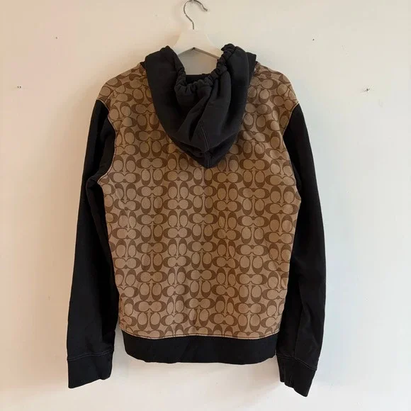 Coach Women's Signature C Logo Zip Up Hoodie Jacket Black Tan Small 175/96A - Picture 3 of 5
